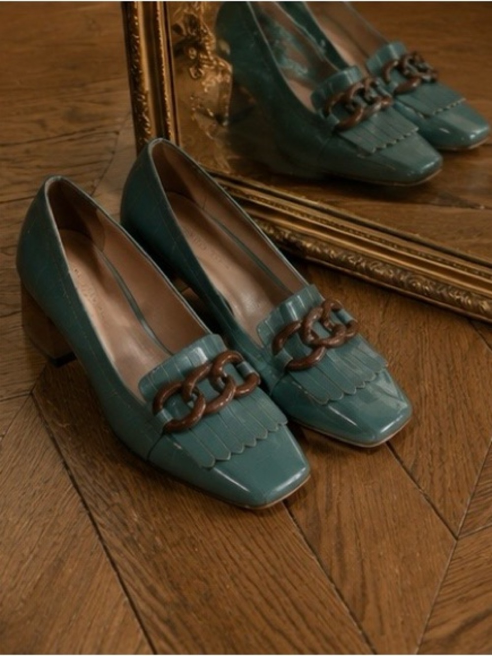 Loafers Teal Patent Chain | Equestrian Chic Preppy Cottage Academia Quiet Luxury - Picture 5 of 16